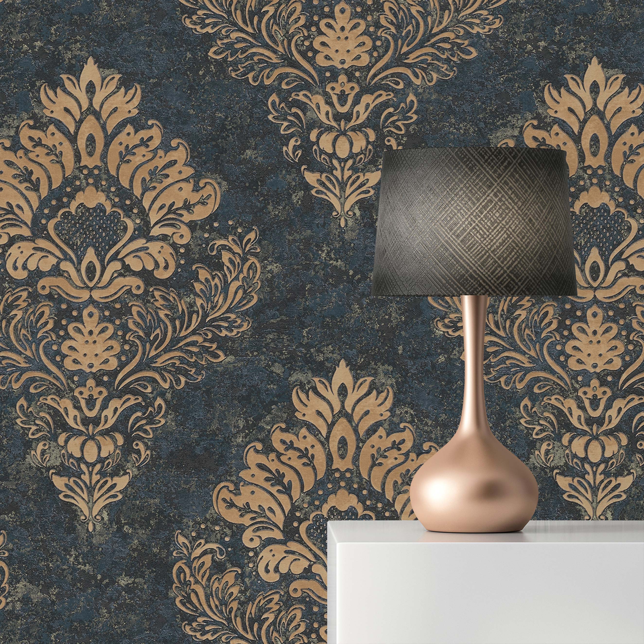 Tapete Barock Gioele M1-No.634 | Vliestapete | Blau | Gold | Barocktapete mit Ornamenten